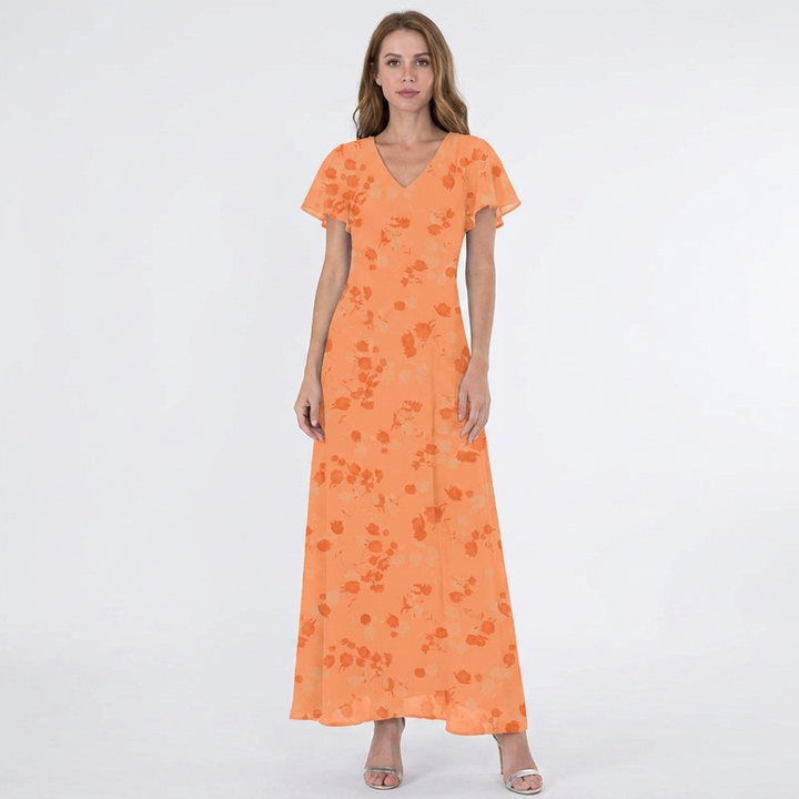 Women's Floral Print Maxi Dress V-Neck Flutter Sleeve Chiffon