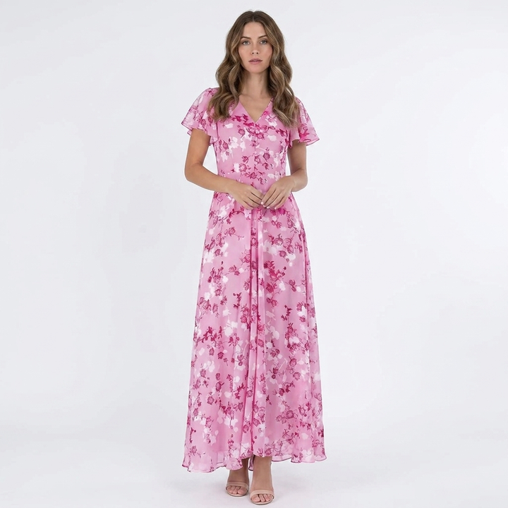 Women's Floral Print Maxi Dress V-Neck Flutter Sleeve Chiffon