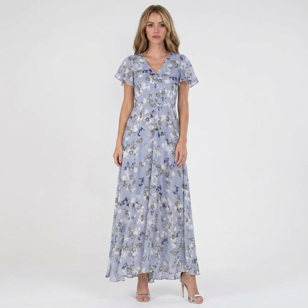 Women's Floral Print Maxi Dress V-Neck Flutter Sleeve Chiffon