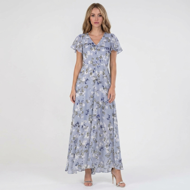 Women's Floral Print Maxi Dress V-Neck Flutter Sleeve Chiffon