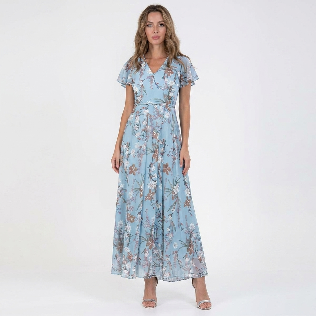 Women's Floral Print Maxi Dress V-Neck Flutter Sleeve Chiffon