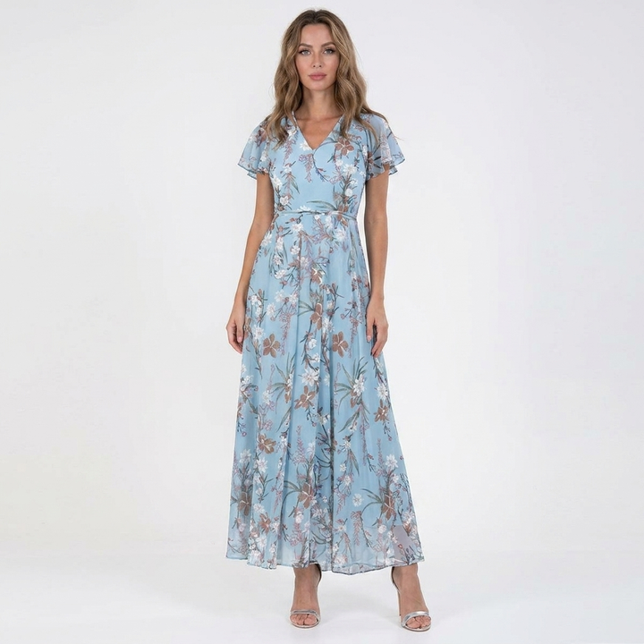 Women's Floral Print Maxi Dress V-Neck Flutter Sleeve Chiffon