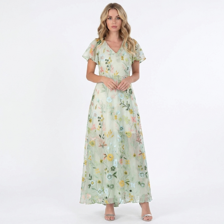 Women's Floral Print Maxi Dress V-Neck Flutter Sleeve Chiffon