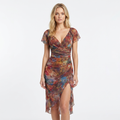 Women's Abstract Print Ruched Midi Dress V-Neck Flutter Sleeve