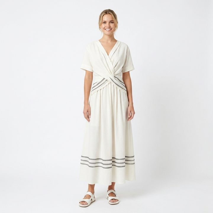 Women's Striped Wrap Maxi Dress V-Neck Short Sleeve Belted