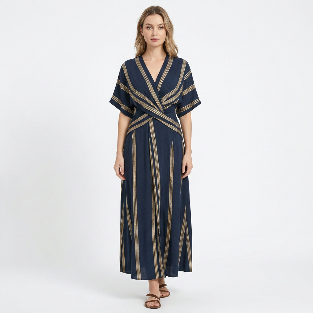 Women's Striped Wrap Maxi Dress V-Neck Short Sleeve Belted