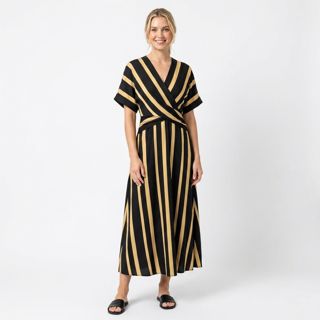 Women's Striped Wrap Maxi Dress V-Neck Short Sleeve Belted