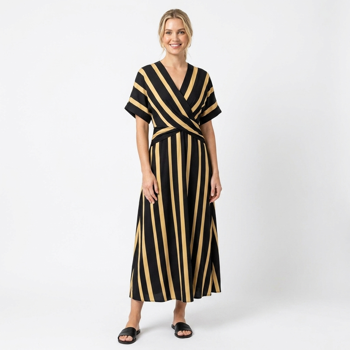 Women's Striped Wrap Maxi Dress V-Neck Short Sleeve Belted