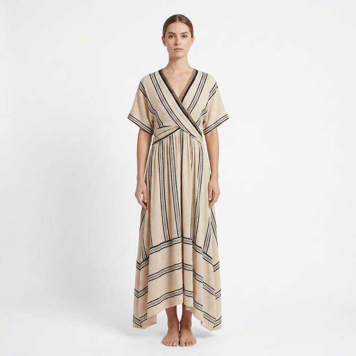 Women's Striped Wrap Maxi Dress V-Neck Short Sleeve Belted