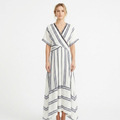 Women's Striped Wrap Maxi Dress V-Neck Short Sleeve Belted