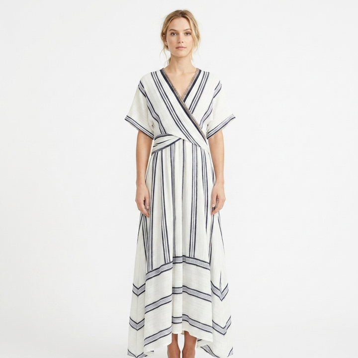 Women's Striped Wrap Maxi Dress V-Neck Short Sleeve Belted