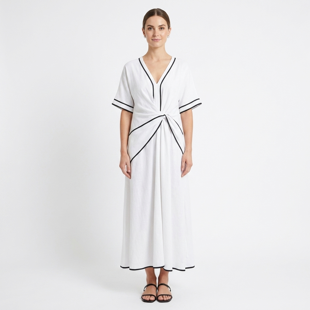 Women's Two-Piece Set Contrast-Trim V-Neck Top Wide-Leg Pants