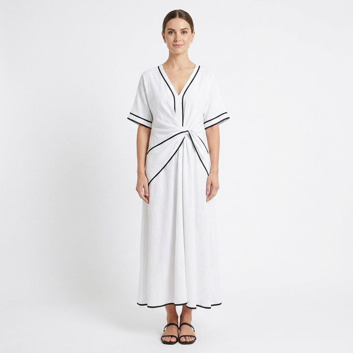 Women's Two-Piece Set Contrast-Trim V-Neck Top Wide-Leg Pants