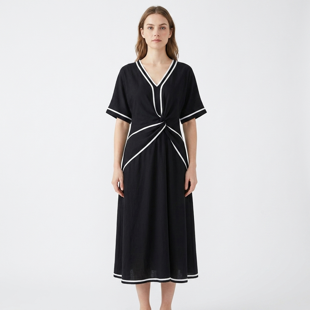 Women's Two-Piece Set Contrast-Trim V-Neck Top Wide-Leg Pants