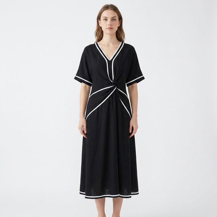 Women's Two-Piece Set Contrast-Trim V-Neck Top Wide-Leg Pants