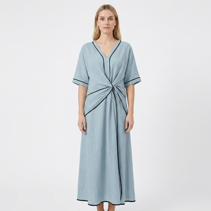 Women's Two-Piece Set Contrast-Trim V-Neck Top Wide-Leg Pants