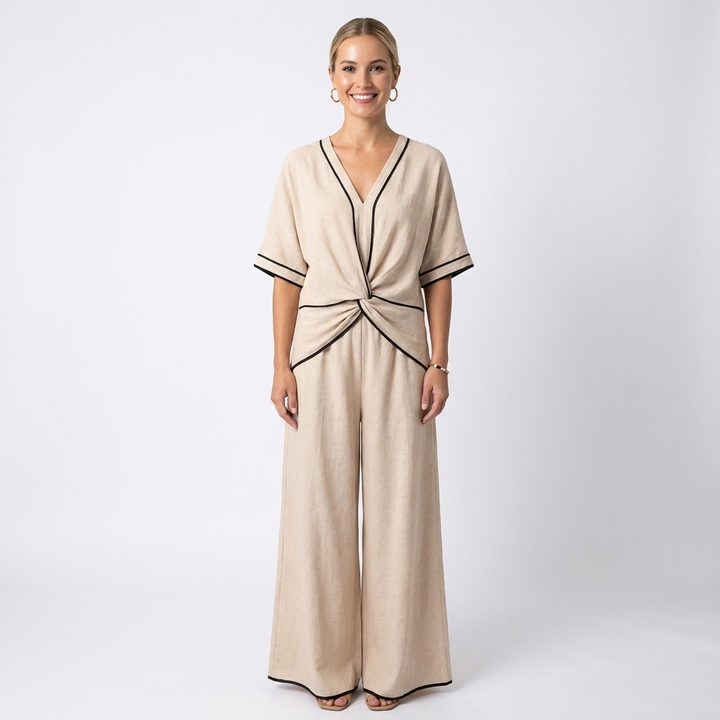 Women's Two-Piece Set Contrast-Trim V-Neck Top Wide-Leg Pants