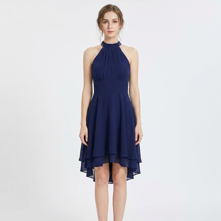 Women's Halter Fit-and-Flare Dress Tiered Chiffon Cocktail Midi