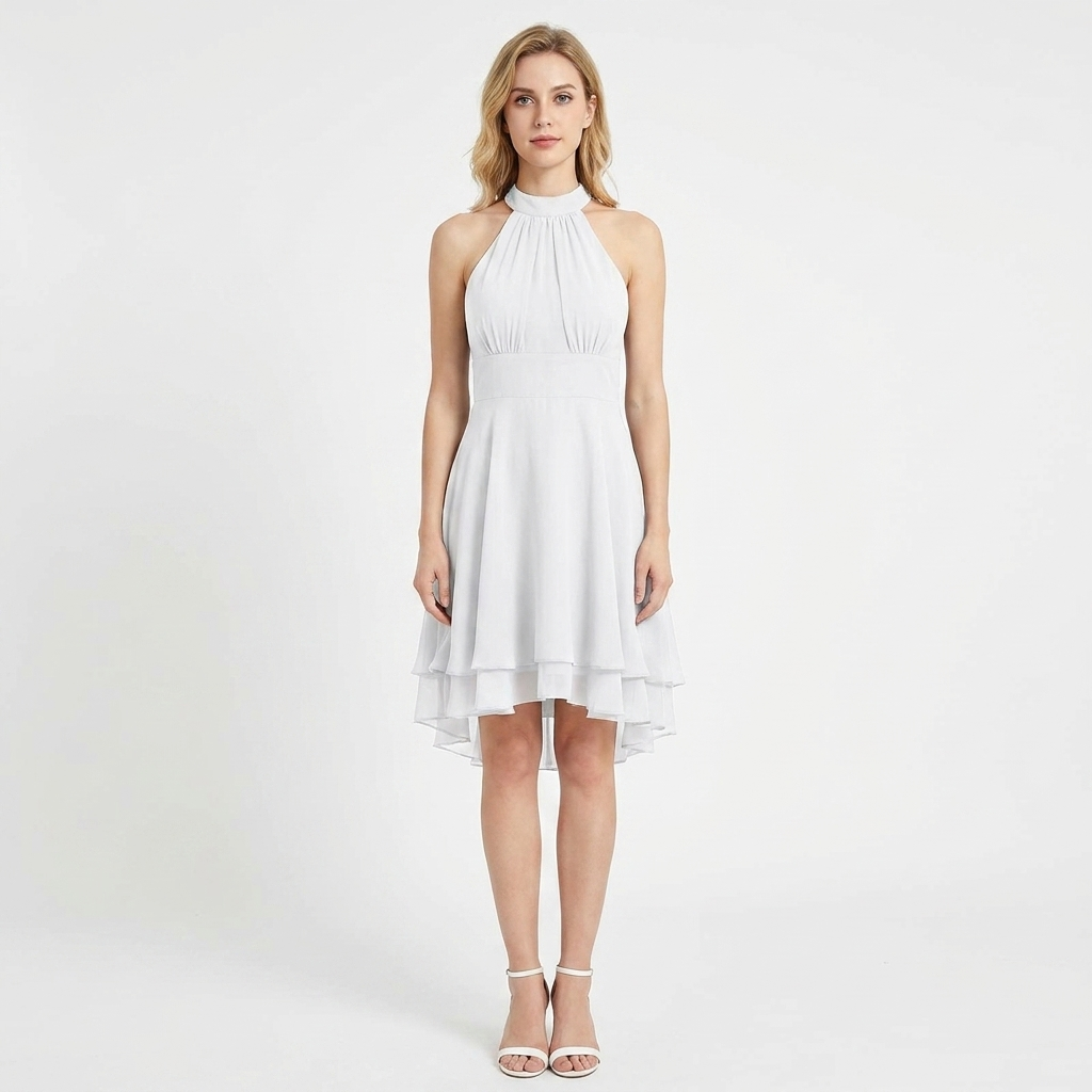 Women's Halter Fit-and-Flare Dress Tiered Chiffon Cocktail Midi
