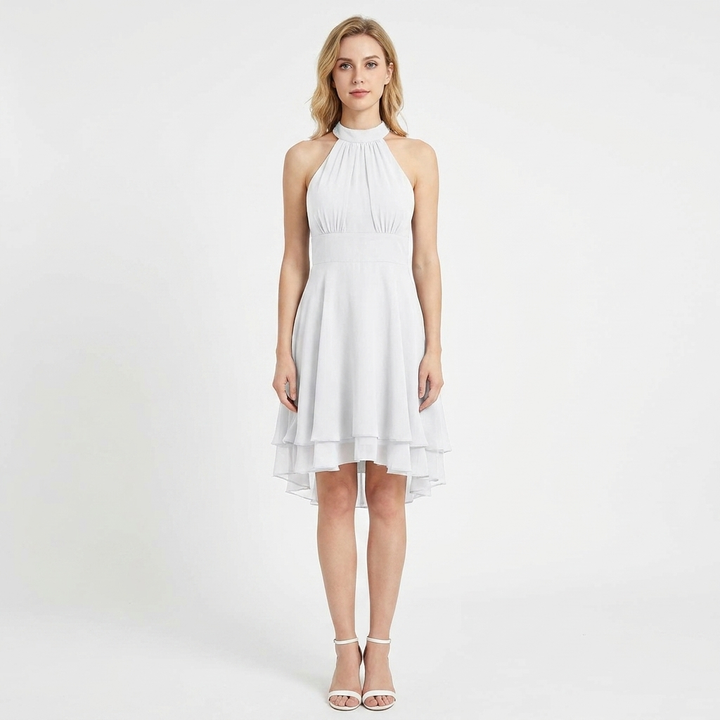 Women's Halter Fit-and-Flare Dress Tiered Chiffon Cocktail Midi