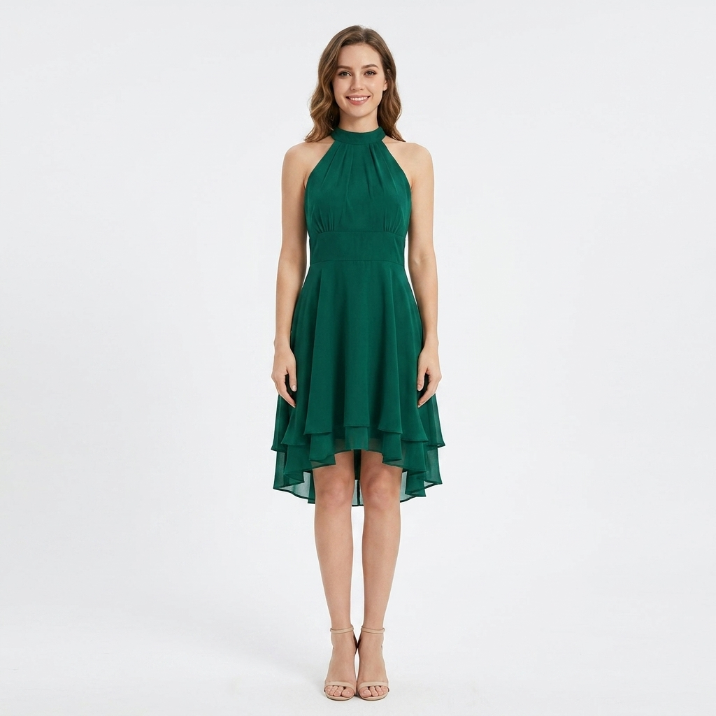 Women's Halter Fit-and-Flare Dress Tiered Chiffon Cocktail Midi
