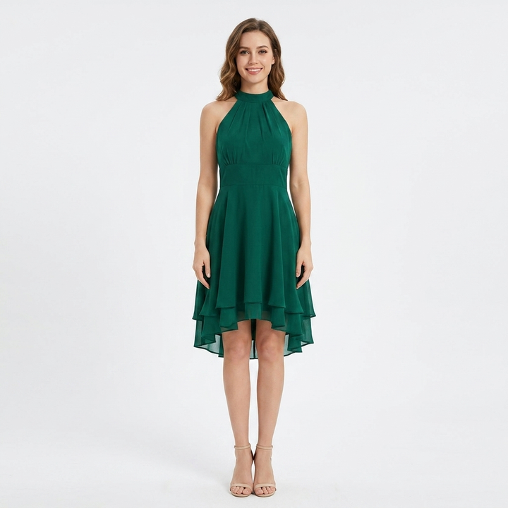 Women's Halter Fit-and-Flare Dress Tiered Chiffon Cocktail Midi