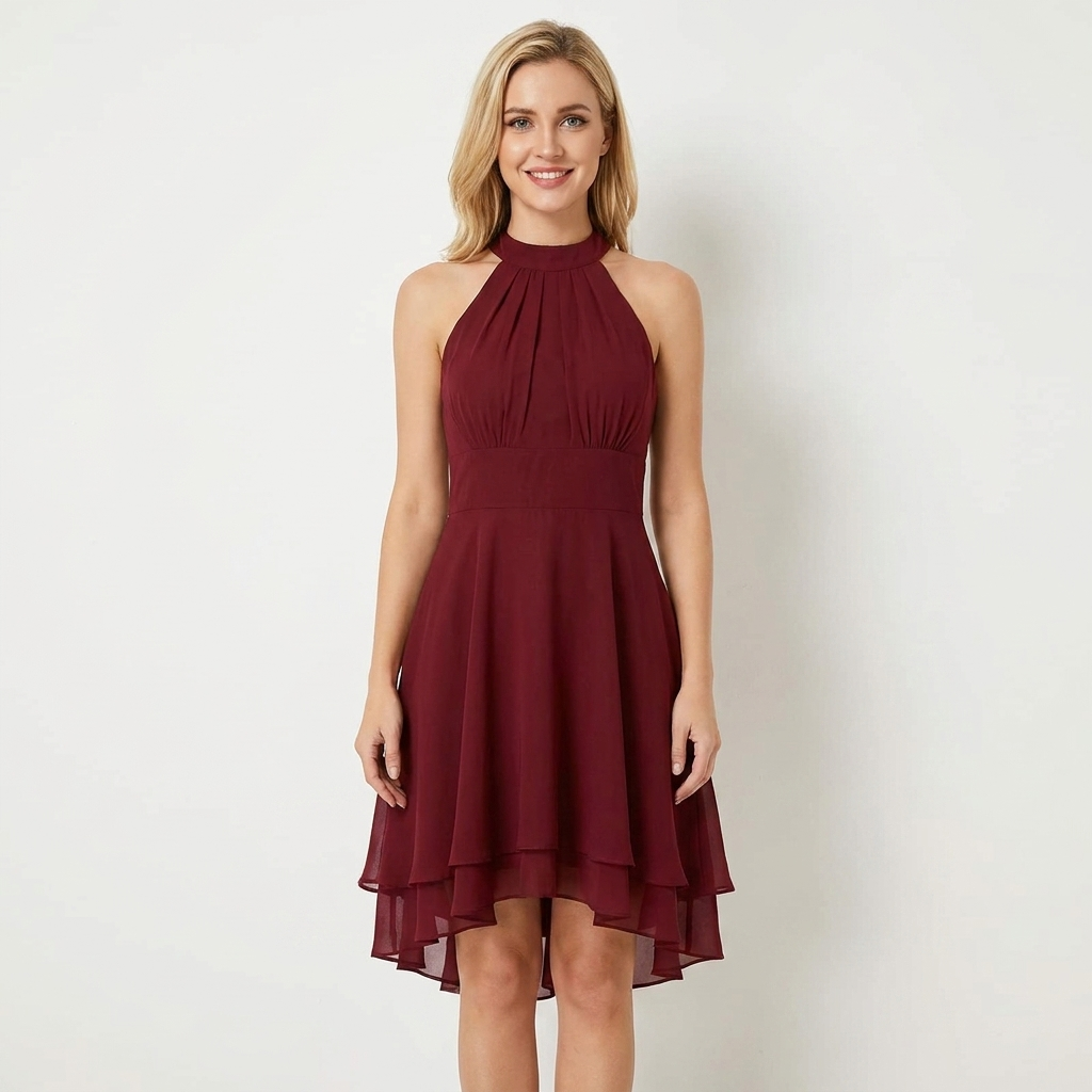 Women's Halter Fit-and-Flare Dress Tiered Chiffon Cocktail Midi