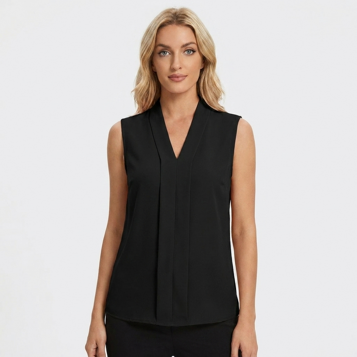 Women's Sleeveless Blouse V-Neck Pleated Front Office Top