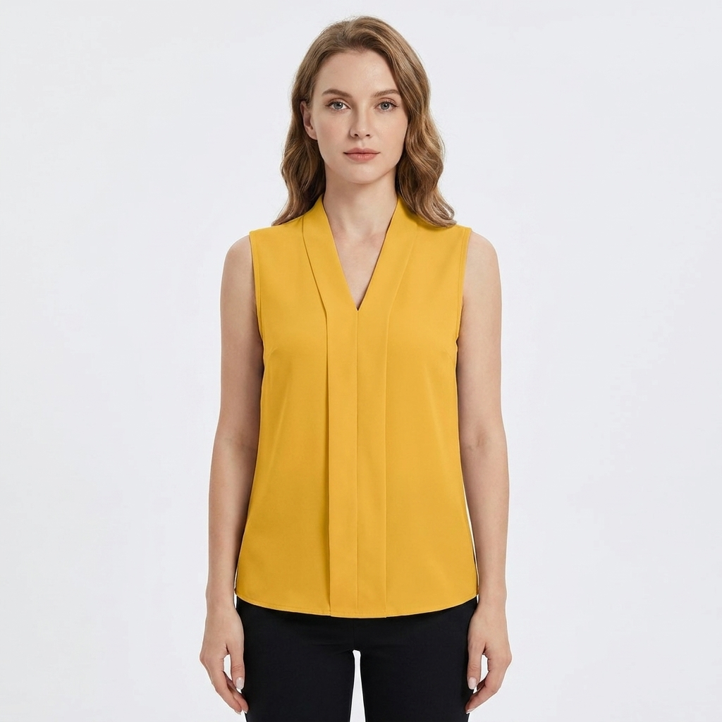 Women's Sleeveless Blouse V-Neck Pleated Front Office Top