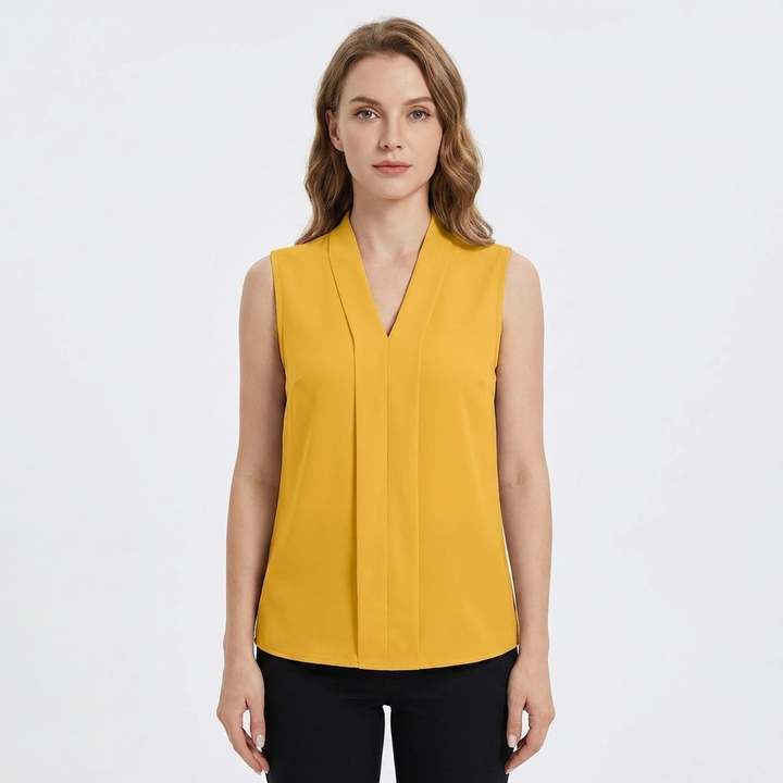 Women's Sleeveless Blouse V-Neck Pleated Front Office Top