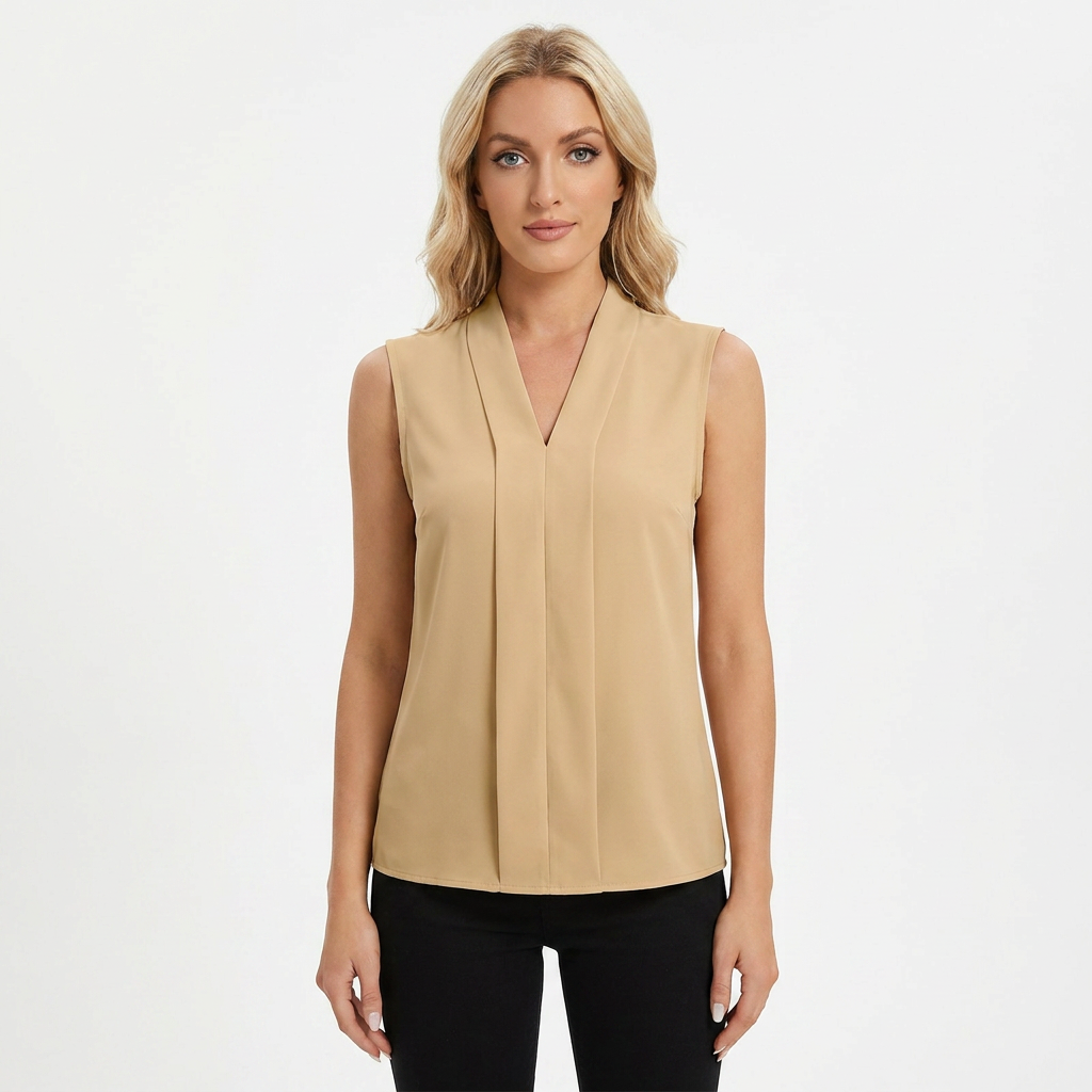 Women's Sleeveless Blouse V-Neck Pleated Front Office Top