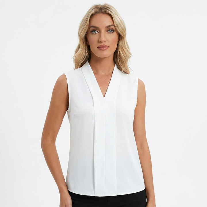 Women's Sleeveless Blouse V-Neck Pleated Front Office Top