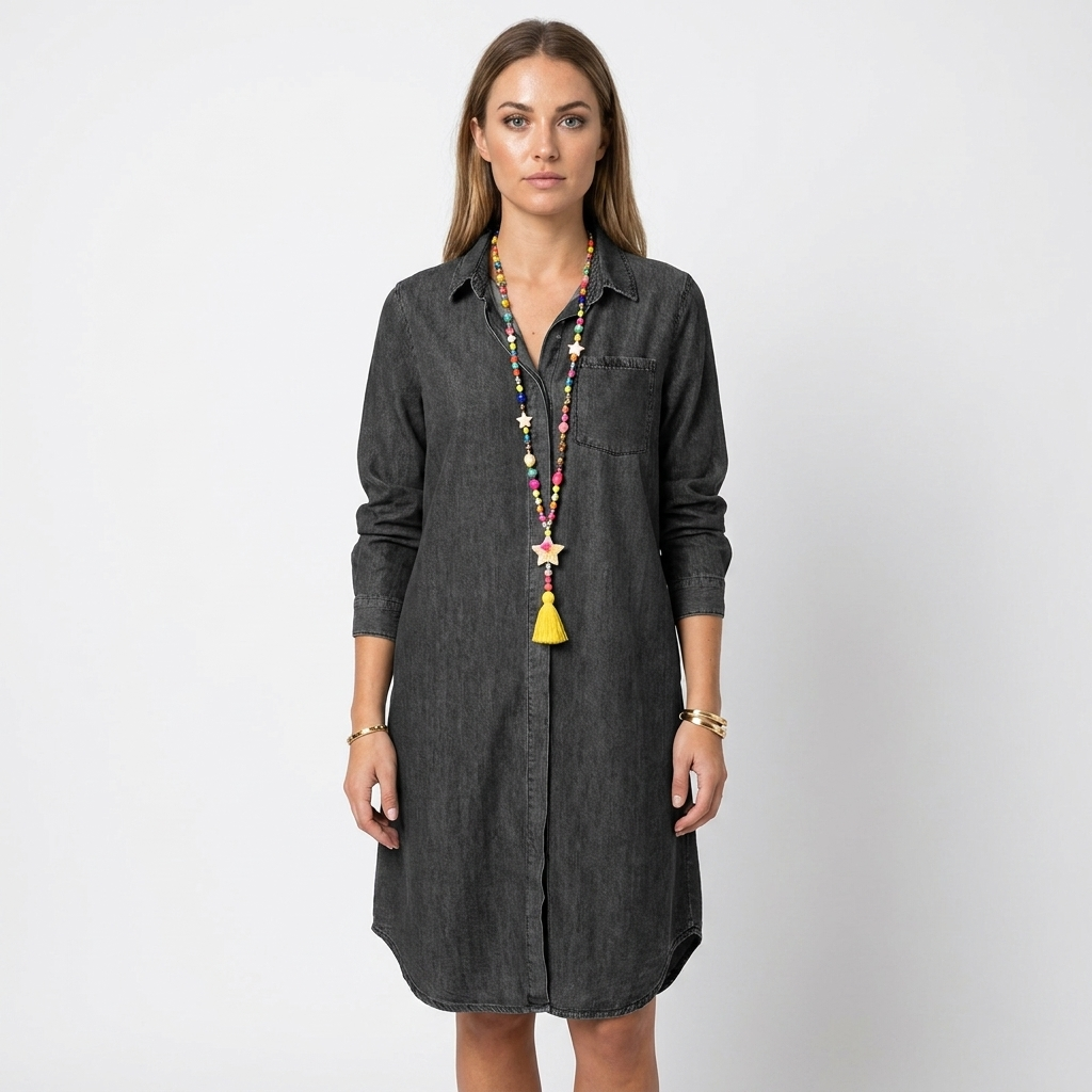 Women's Denim Shirt Dress Long Sleeve Button-Down Casual Midi