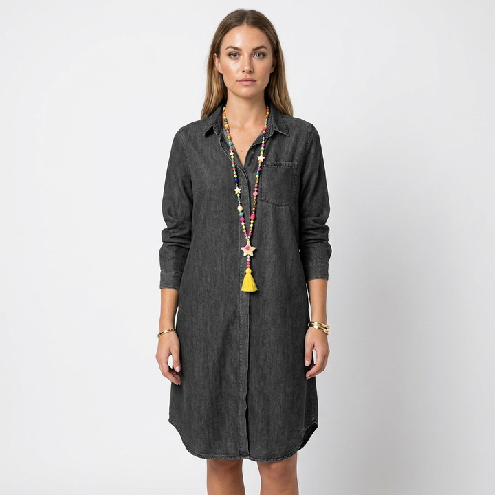 Women's Denim Shirt Dress Long Sleeve Button-Down Casual Midi