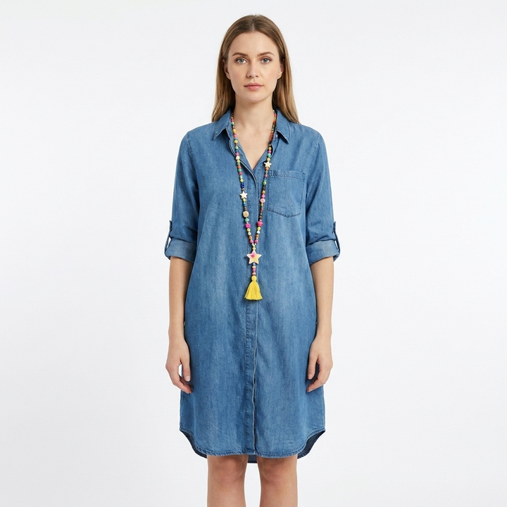Women's Denim Shirt Dress Long Sleeve Button-Down Casual Midi