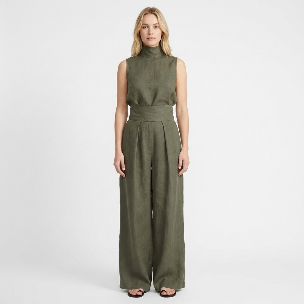 Women's Linen Jumpsuit Sleeveless Mock Neck Wide-Leg Palazzo