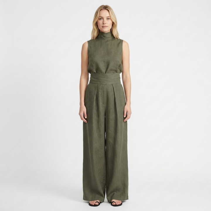 Women's Linen Jumpsuit Sleeveless Mock Neck Wide-Leg Palazzo