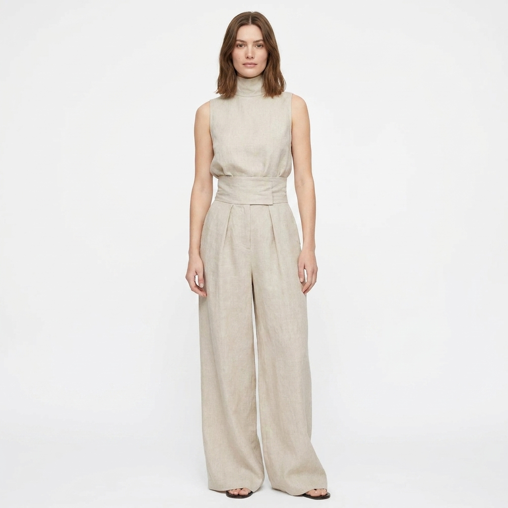 Women's Linen Jumpsuit Sleeveless Mock Neck Wide-Leg Palazzo