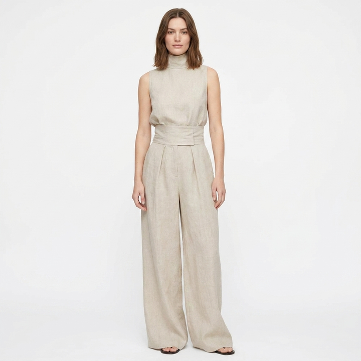 Women's Linen Jumpsuit Sleeveless Mock Neck Wide-Leg Palazzo