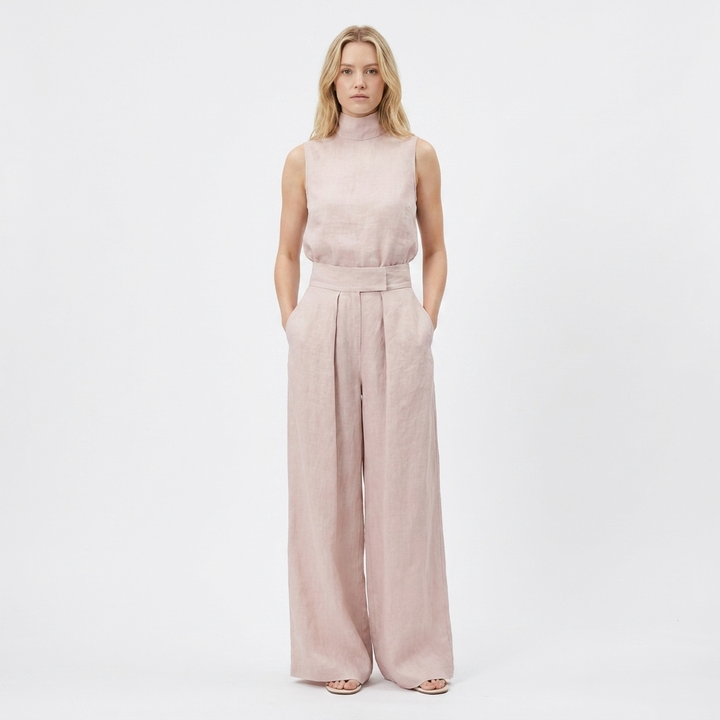 Women's Linen Jumpsuit Sleeveless Mock Neck Wide-Leg Palazzo