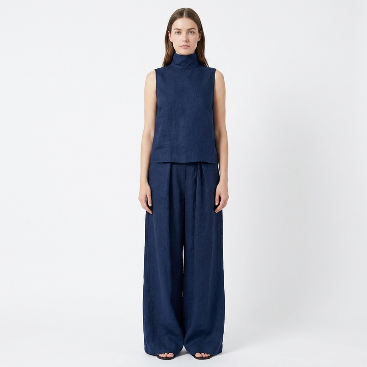 Women's Linen Jumpsuit Sleeveless Mock Neck Wide-Leg Palazzo