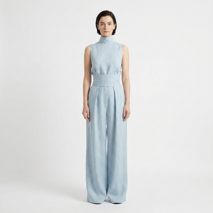 Women's Linen Jumpsuit Sleeveless Mock Neck Wide-Leg Palazzo
