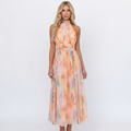 Women's Halter Maxi Dress Watercolor Print Flowy Chiffon Formal