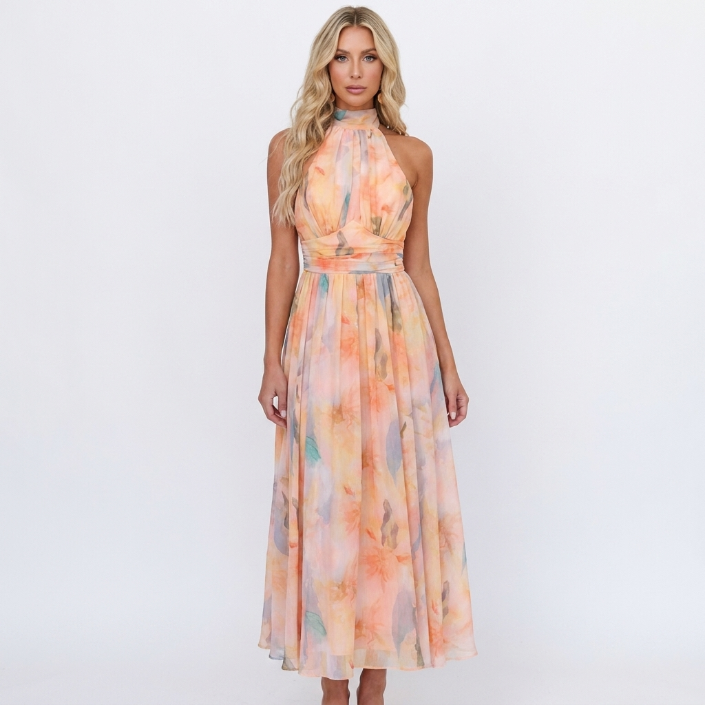 Women's Halter Maxi Dress Watercolor Print Flowy Chiffon Formal
