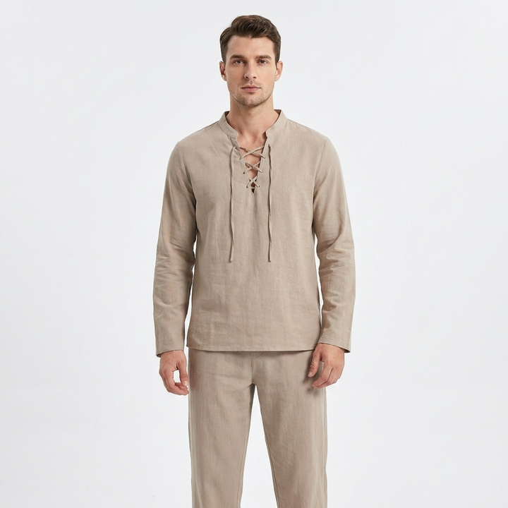 Men's Two-Piece Linen Set Lace-Up V-Neck Shirt Long Sleeve