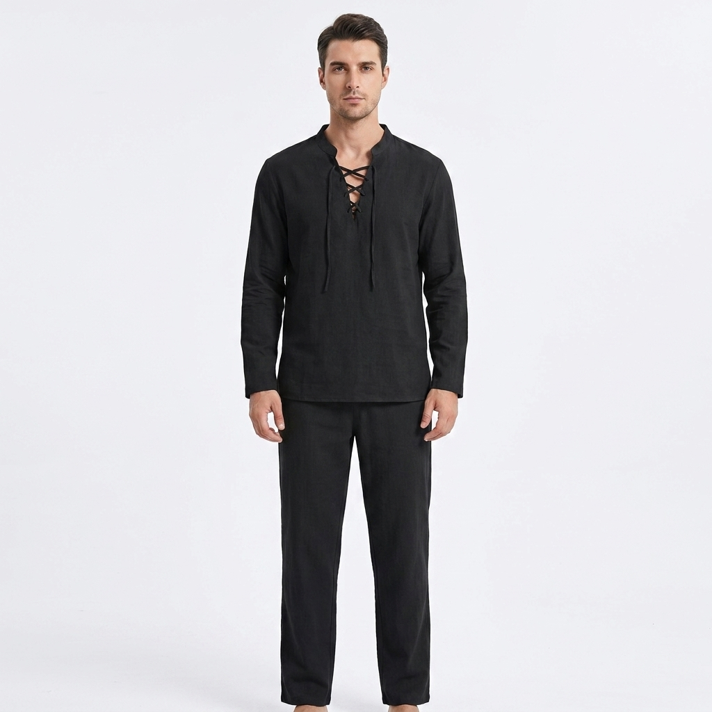 Men's Two-Piece Linen Set Lace-Up V-Neck Shirt Long Sleeve