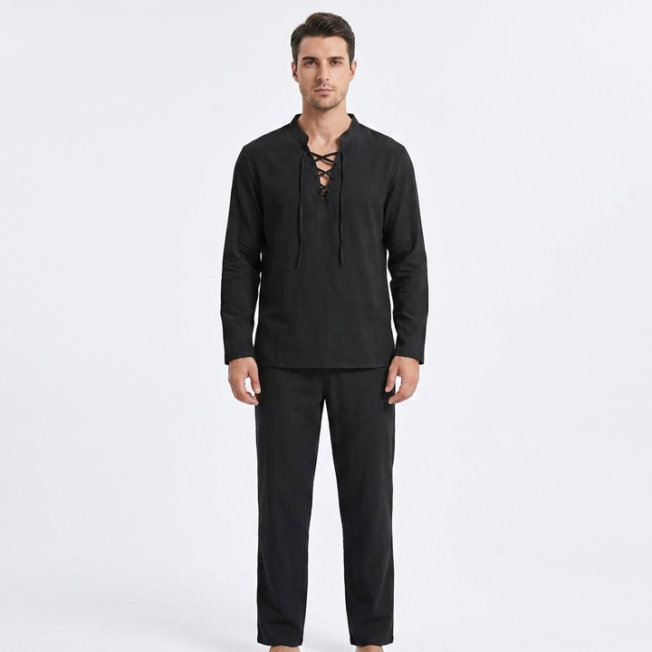 Men's Two-Piece Linen Set Lace-Up V-Neck Shirt Long Sleeve