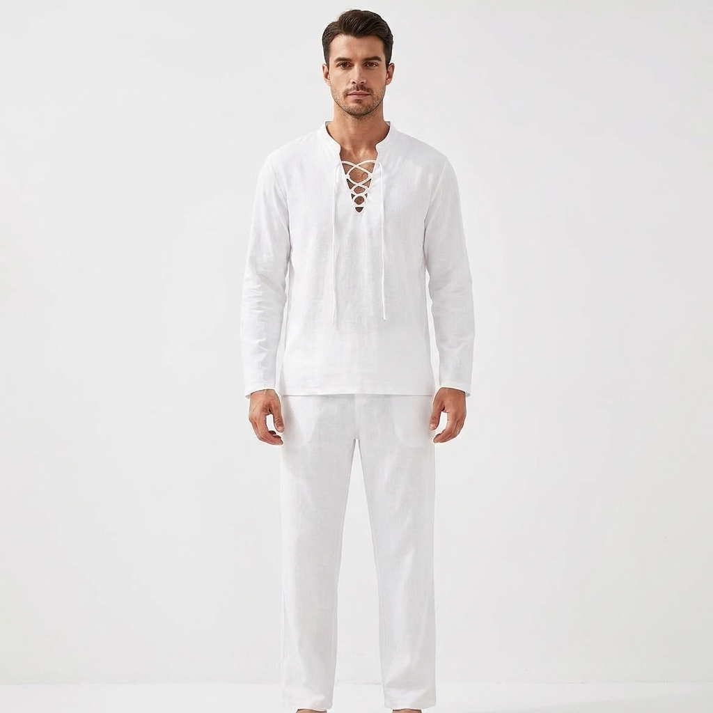 Men's Two-Piece Linen Set Lace-Up V-Neck Shirt Long Sleeve