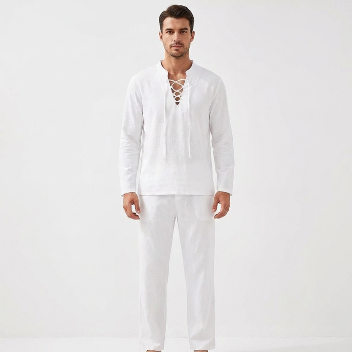 Men's Two-Piece Linen Set Lace-Up V-Neck Shirt Long Sleeve