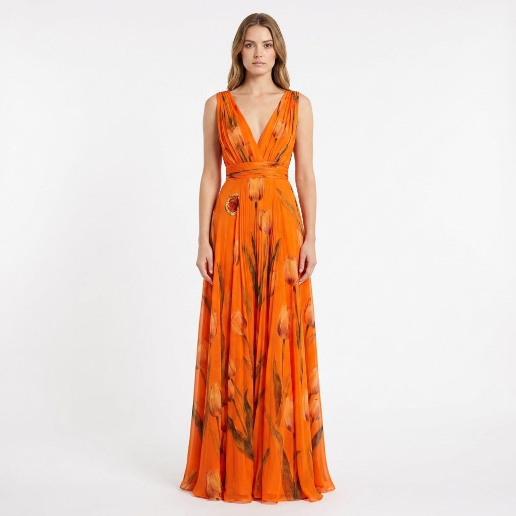 Women's Tulip Print Maxi Dress V-Neck Chiffon Formal Gown